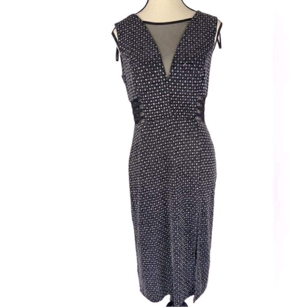 Enfocus cocktail shimmering metallic midi dress v-neck with sheer front & sides‎
